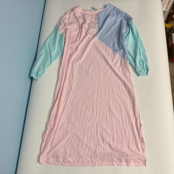 Vintage Full Length 100% Cotton Nightgown with 3/4 Sleeves Pink Blue Yellow - Picture 10 of 10